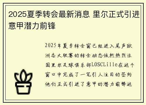 2025夏季转会最新消息 里尔正式引进意甲潜力前锋